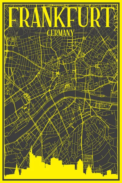 Желтый Распечатанный Городской Плакат Панорамным Горизонтом Нарисованной Руки Сетью Улиц — стоковый вектор