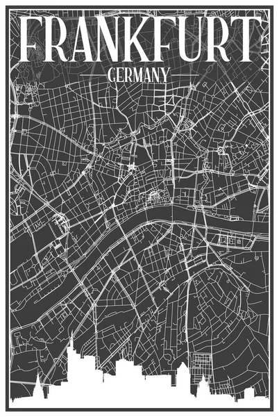 Dark Printout City Poster Panoramic Skyline Hand Drawn Streets Network — Stockový vektor