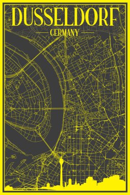 Yellow printout city poster with panoramic skyline and hand-drawn streets network on dark gray background of the downtown DUSSELDORF, GERMANY