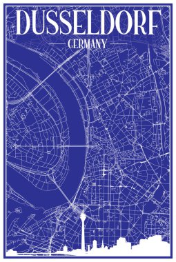 Technical drawing printout city poster with panoramic skyline and hand-drawn streets network on blue background of the downtown DUSSELDORF, GERMANY