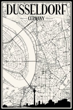 Light printout city poster with panoramic skyline and hand-drawn streets network on vintage beige background of the downtown DUSSELDORF, GERMANY