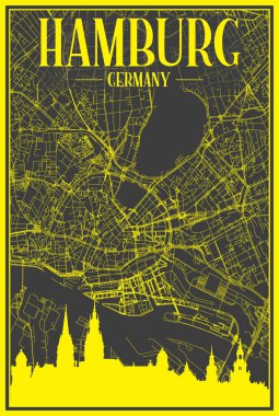 Yellow printout city poster with panoramic skyline and hand-drawn streets network on dark gray background of the downtown HAMBURG, GERMANY