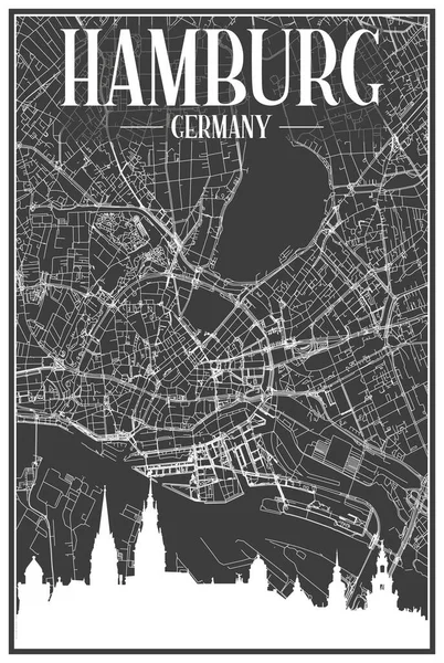 Dark Printout City Poster Panoramic Skyline Hand Drawn Streets Network — Image vectorielle