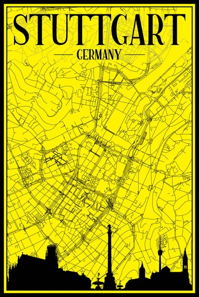 Плакат Золотой Распечатки Панорамным Горизонтом Нарисованной Вручную Сетью Улиц Жёлтом — стоковый вектор