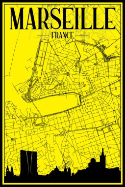 Golden printout city poster with panoramic skyline and hand-drawn streets network on yellow and black background of the downtown MARSEILLE, FRANCE