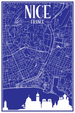Technical drawing printout city poster with panoramic skyline and hand-drawn streets network on blue background of the downtown NICE, FRANCE