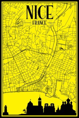 Golden printout city poster with panoramic skyline and hand-drawn streets network on yellow and black background of the downtown NICE, FRANCE