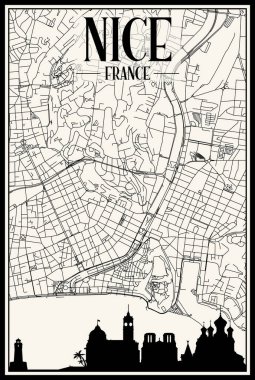 Light printout city poster with panoramic skyline and hand-drawn streets network on vintage beige background of the downtown NICE, FRANCE