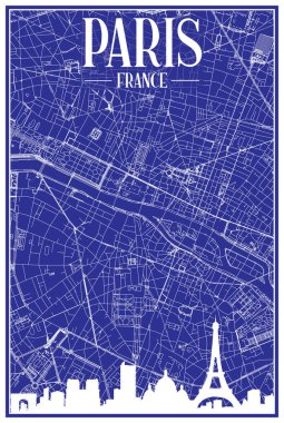PARIS 'in mavi arka planında panoramik silueti ve el çizimi sokak ağı olan şehir posterinin teknik çıktısı, FRANCE
