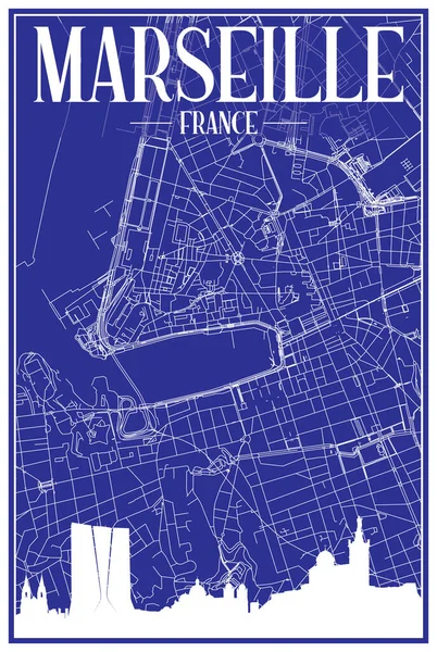 Technical Drawing Printout City Poster Panoramic Skyline Hand Drawn Streets — Stock vektor