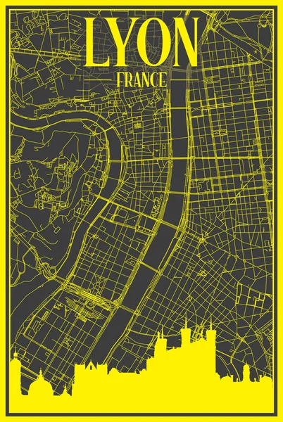 在法国里昂市中心的深灰色背景上 黄色的带有全景天际线和手工绘制的街道网络的城市海报 — 图库矢量图片