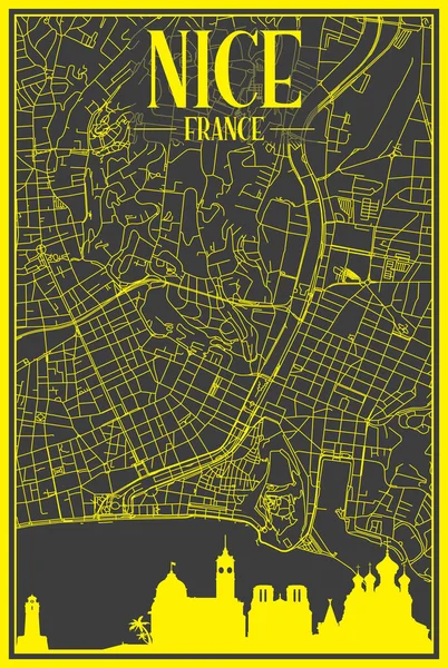 Yellow Printout City Poster Panoramic Skyline Hand Drawn Streets Network — Vettoriale Stock