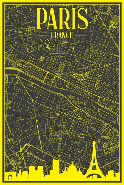 Affiche Ville Imprimée Jaune Avec Skyline Panoramique Réseau Rues Dessinées — Image vectorielle