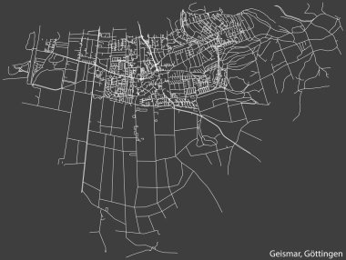 Detailed negative navigation white lines urban street roads map of the GEISMAR DISTRICT of the German regional capital city of Gttingen, Germany on dark gray background