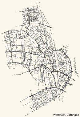 Detailed navigation black lines urban street roads map of the WESTSTADT DISTRICT of the German regional capital city of Gttingen, Germany on vintage beige background