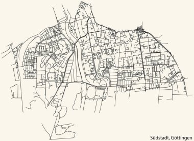 Detailed navigation black lines urban street roads map of the SDSTADT DISTRICT of the German regional capital city of Gttingen, Germany on vintage beige background
