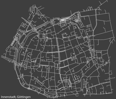 Detailed negative navigation white lines urban street roads map of the INNENSTADT DISTRICT of the German regional capital city of Gttingen, Germany on dark gray background