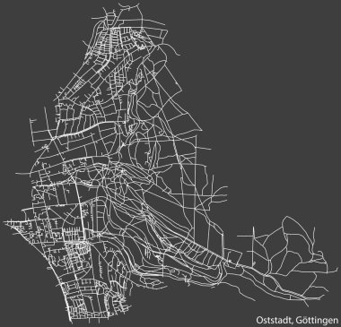 Detailed negative navigation white lines urban street roads map of the OSTSTADT DISTRICT of the German regional capital city of Gttingen, Germany on dark gray background