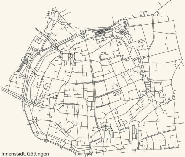 Detailed navigation black lines urban street roads map of the INNENSTADT DISTRICT of the German regional capital city of Gttingen, Germany on vintage beige background