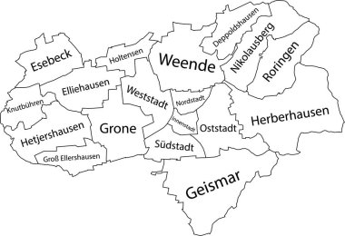 White flat vector administrative map of GTTINGEN, GERMANY with name tags and black border lines of its districts