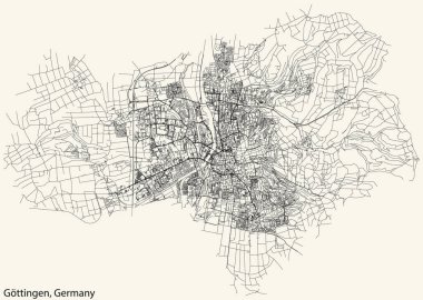 Detailed navigation black lines urban street roads map of the German regional capital city of GTTINGEN, GERMANY on vintage beige background