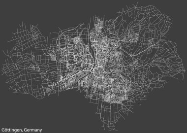 Detailed negative navigation white lines urban street roads map of the German regional capital city of GTTINGEN, GERMANY on dark gray background
