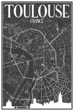 Dark printout city poster with panoramic skyline and hand-drawn streets network on dark gray background of the downtown TOULOUSE, FRANCE