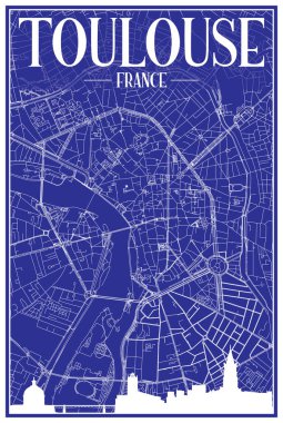 Technical drawing printout city poster with panoramic skyline and hand-drawn streets network on blue background of the downtown TOULOUSE, FRANCE