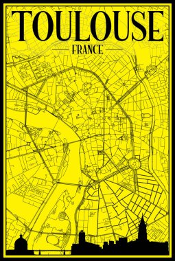Golden printout city poster with panoramic skyline and hand-drawn streets network on yellow and black background of the downtown TOULOUSE, FRANCE