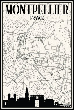Light printout city poster with panoramic skyline and hand-drawn streets network on vintage beige background of the downtown MONTPELLIER, FRANCE