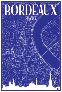 Technical drawing printout city poster with panoramic skyline and hand-drawn streets network on blue background of the downtown BORDEAUX, FRANCE