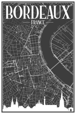 Dark printout city poster with panoramic skyline and hand-drawn streets network on dark gray background of the downtown BORDEAUX, FRANCE