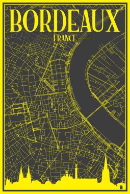 Yellow printout city poster with panoramic skyline and hand-drawn streets network on dark gray background of the downtown BORDEAUX, FRANCE