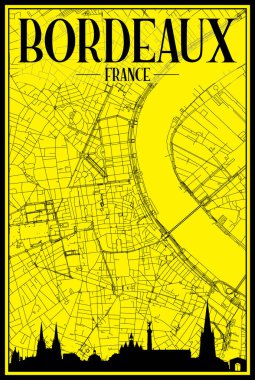Golden printout city poster with panoramic skyline and hand-drawn streets network on yellow and black background of the downtown BORDEAUX, FRANCE