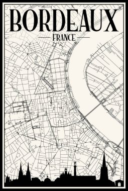 Light printout city poster with panoramic skyline and hand-drawn streets network on vintage beige background of the downtown BORDEAUX, FRANCE