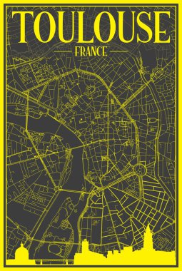 Yellow printout city poster with panoramic skyline and hand-drawn streets network on dark gray background of the downtown TOULOUSE, FRANCE