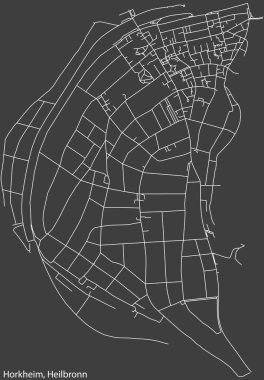 Detailed negative navigation white lines urban street roads map of the HORKHEIM DISTRICT of the German regional capital city of Heilbronn, Germany on dark gray background