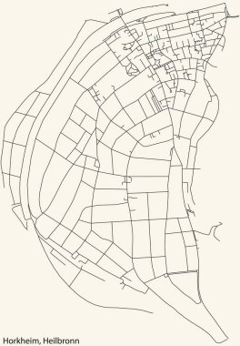 Detailed navigation black lines urban street roads map of the HORKHEIM DISTRICT of the German regional capital city of Heilbronn, Germany on vintage beige background