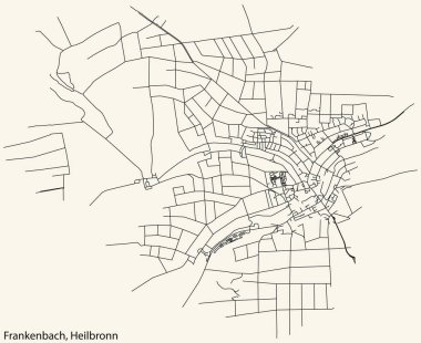 Detailed navigation black lines urban street roads map of the FRANKENBACH DISTRICT of the German regional capital city of Heilbronn, Germany on vintage beige background