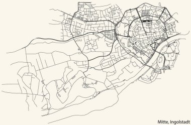 Detailed navigation black lines urban street roads map of the MITTE DISTRICT of the German regional capital city of Ingolstadt, Germany on vintage beige background