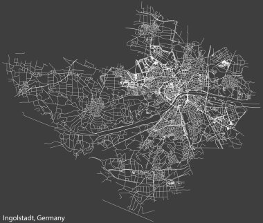 Detailed negative navigation white lines urban street roads map of the German regional capital city of INGOLSTADT, GERMANY on dark gray background