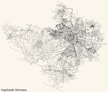 Detailed navigation black lines urban street roads map of the German regional capital city of INGOLSTADT, GERMANY on vintage beige background