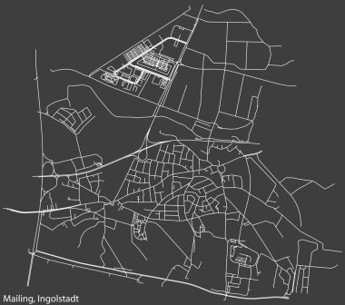 Detailed negative navigation white lines urban street roads map of the MAILING DISTRICT of the German regional capital city of Ingolstadt, Germany on dark gray background