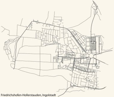Detailed navigation black lines urban street roads map of the FRIEDRICHSHOFEN-HOLLERSTAUDEN DISTRICT of the German regional capital city of Ingolstadt, Germany on vintage beige background