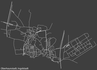 Detailed negative navigation white lines urban street roads map of the OBERHAUNSTADT DISTRICT of the German regional capital city of Ingolstadt, Germany on dark gray background
