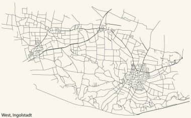 Detailed navigation black lines urban street roads map of the WEST DISTRICT of the German regional capital city of Ingolstadt, Germany on vintage beige background