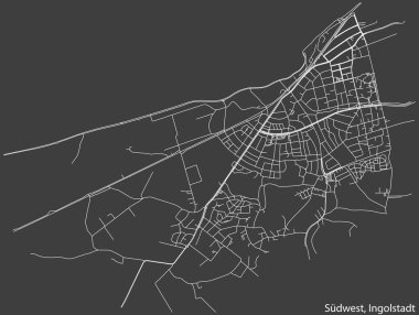 Detailed negative navigation white lines urban street roads map of the SDWEST DISTRICT of the German regional capital city of Ingolstadt, Germany on dark gray background