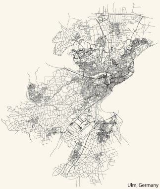 Detailed navigation black lines urban street roads map of the German regional capital city of ULM, GERMANY on vintage beige background