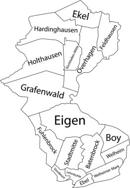 White flat vector administrative map of BOTTROP, GERMANY with name tags and black border lines of its districts