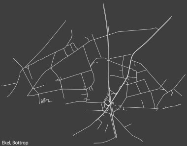 Detailed negative navigation white lines urban street roads map of the EKEL DISTRICT of the German regional capital city of Bottrop, Germany on dark gray background